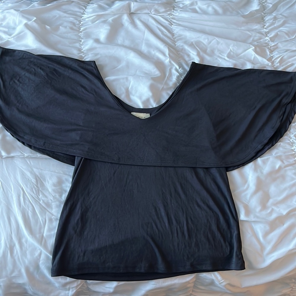 off the shoulder ruffle dark gray top